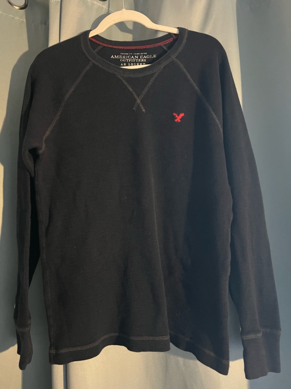 American Eagle Outfitters Black Crewneck Thermal Shirt with Red Logo M L
